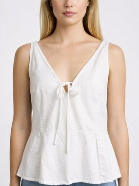 Free People Mika Tank Top White Cotton Peplum Tie Front Boho Size L